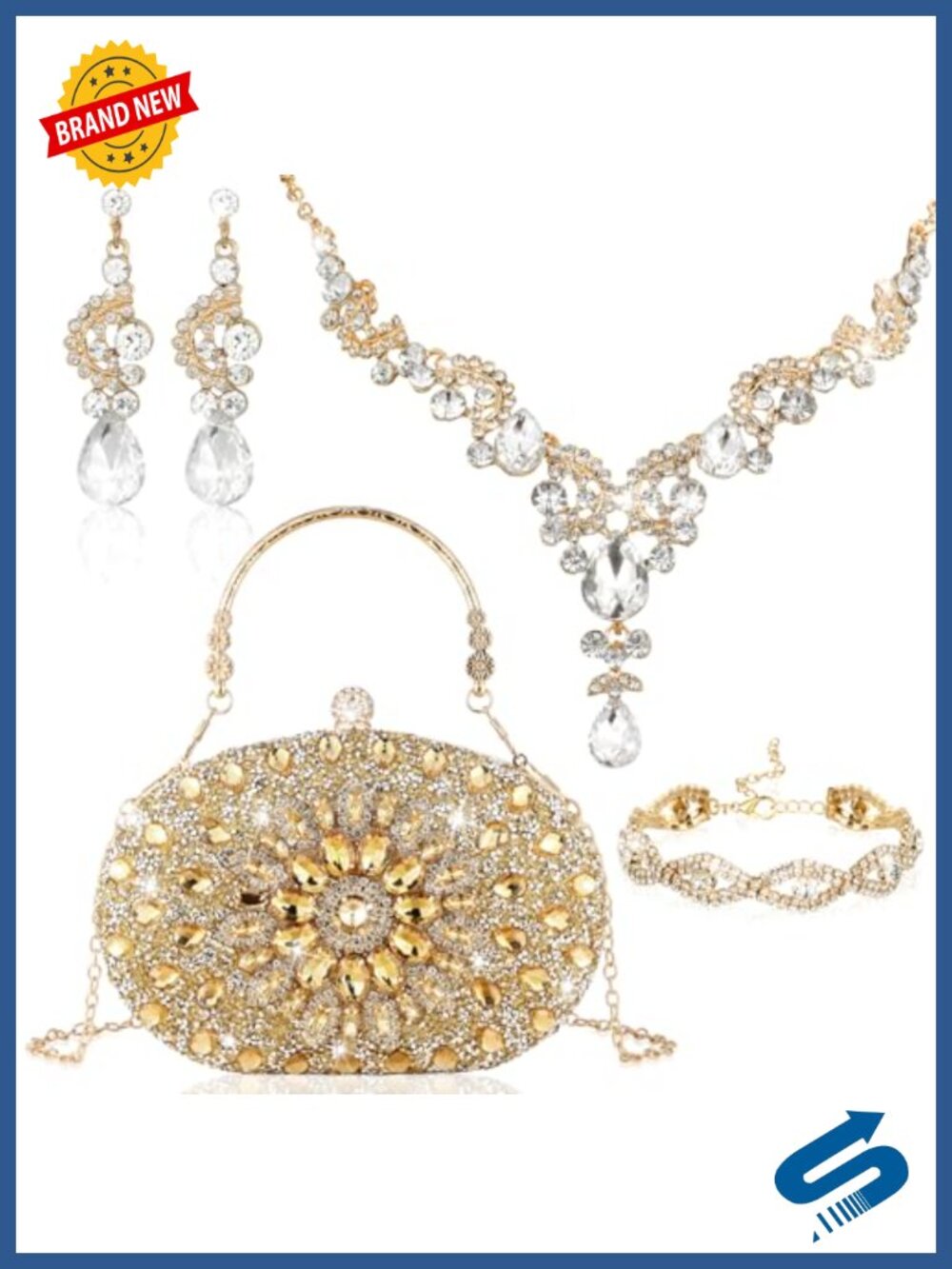 Rhinestone Jewelry Set 4 Pc Clutch Necklace Bracelet Earrings Formal Party